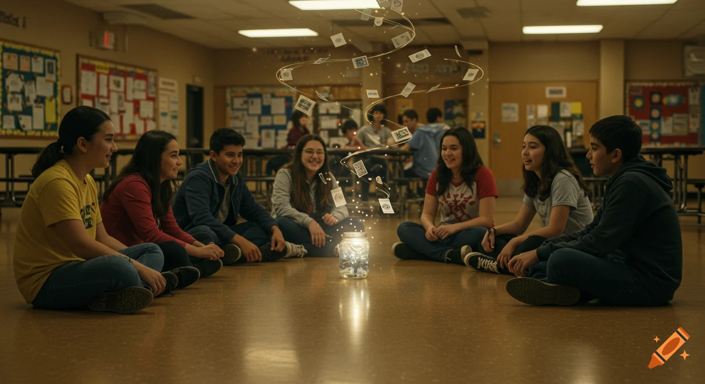 Diverse middle school students sit in a circle on a cafeteria floor, watching memory cards float above a glowing jar in a photorealistic style.