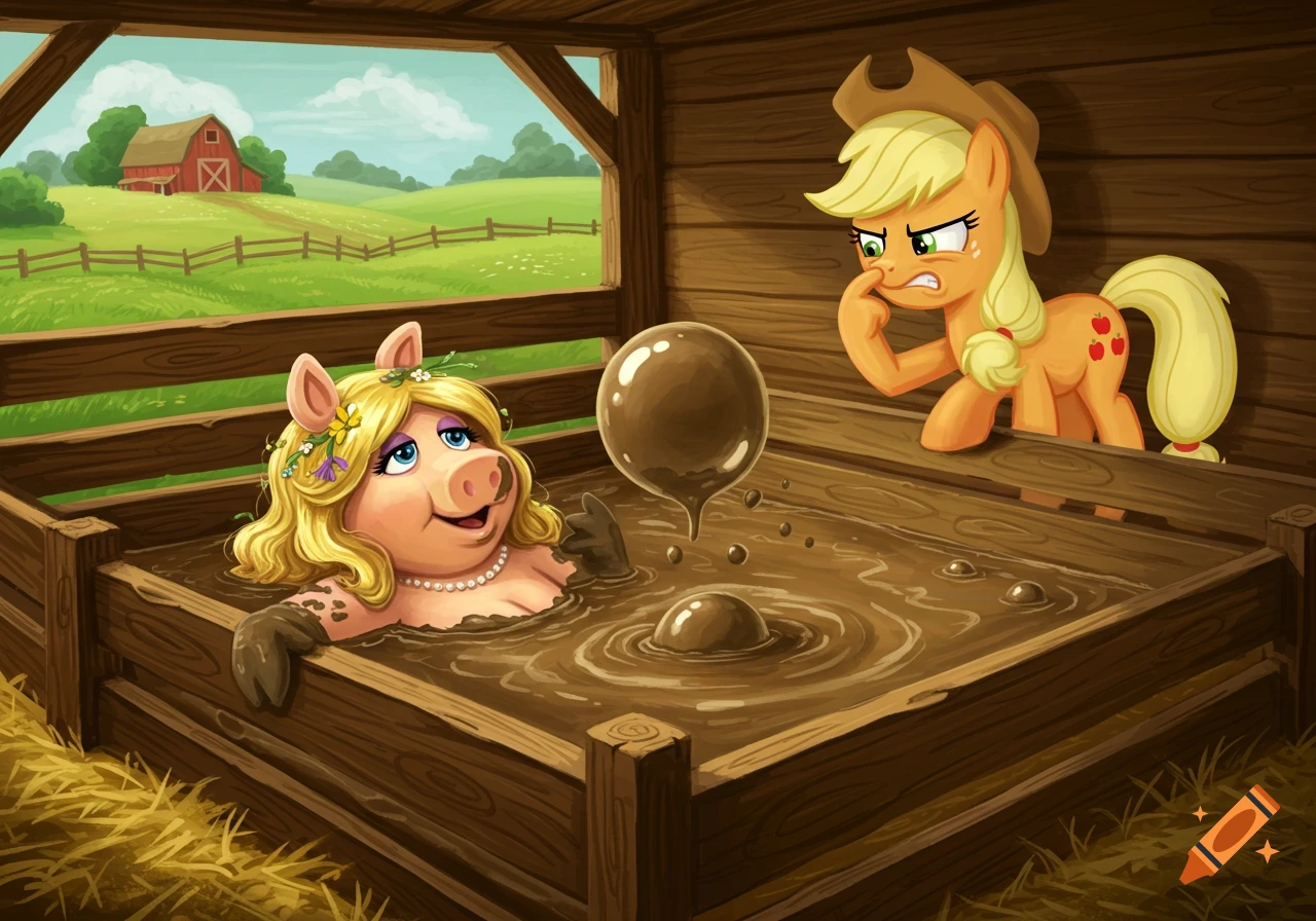 Cartoon of Miss Piggy in a mud bath with a mud bubble, as Applejack pinches her nose outside the pig pen, disgusted.
