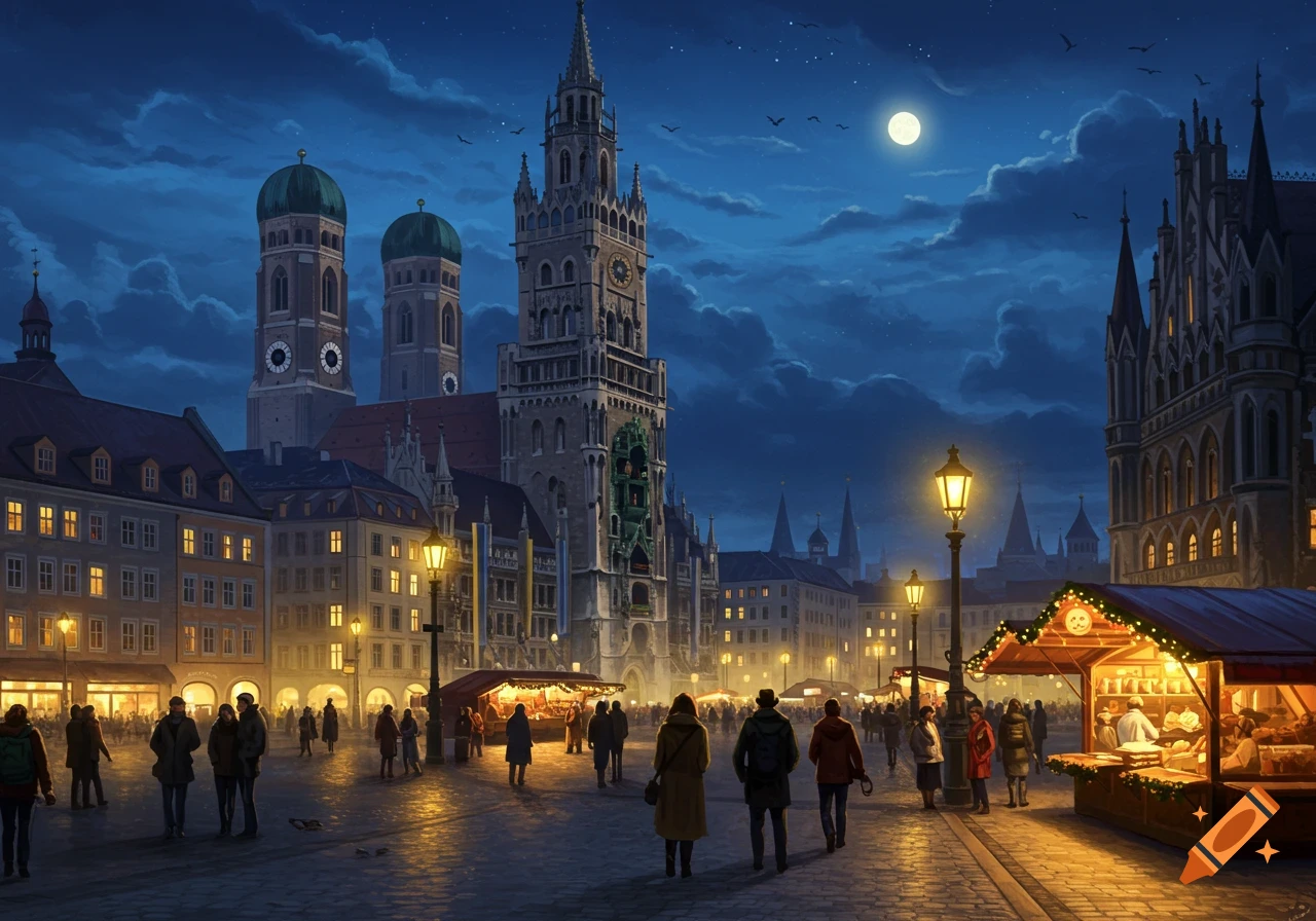 Nighttime view of a bustling European city square with historic buildings, a clock tower, and illuminated market stalls under a full moon.
