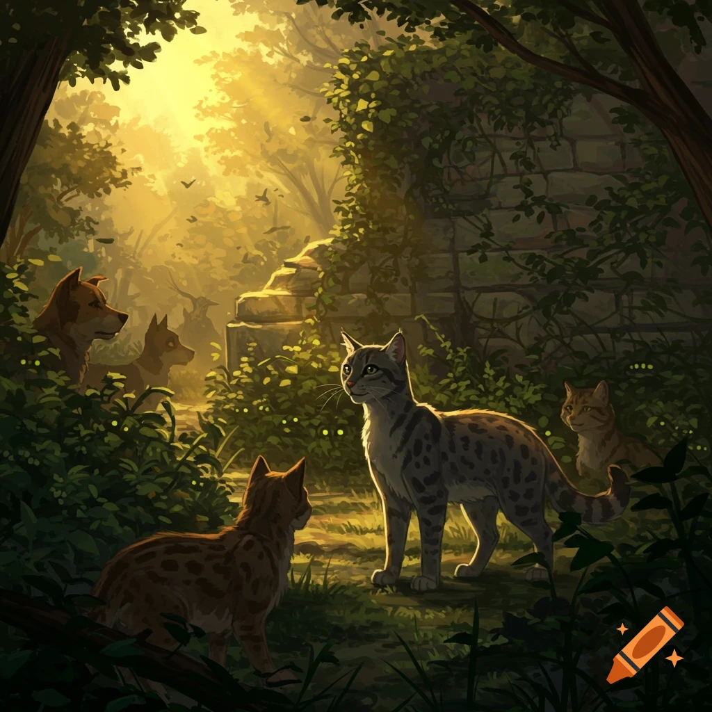 An atmospheric illustration of several cats and dogs in a sunlit forest clearing with ancient ruins.