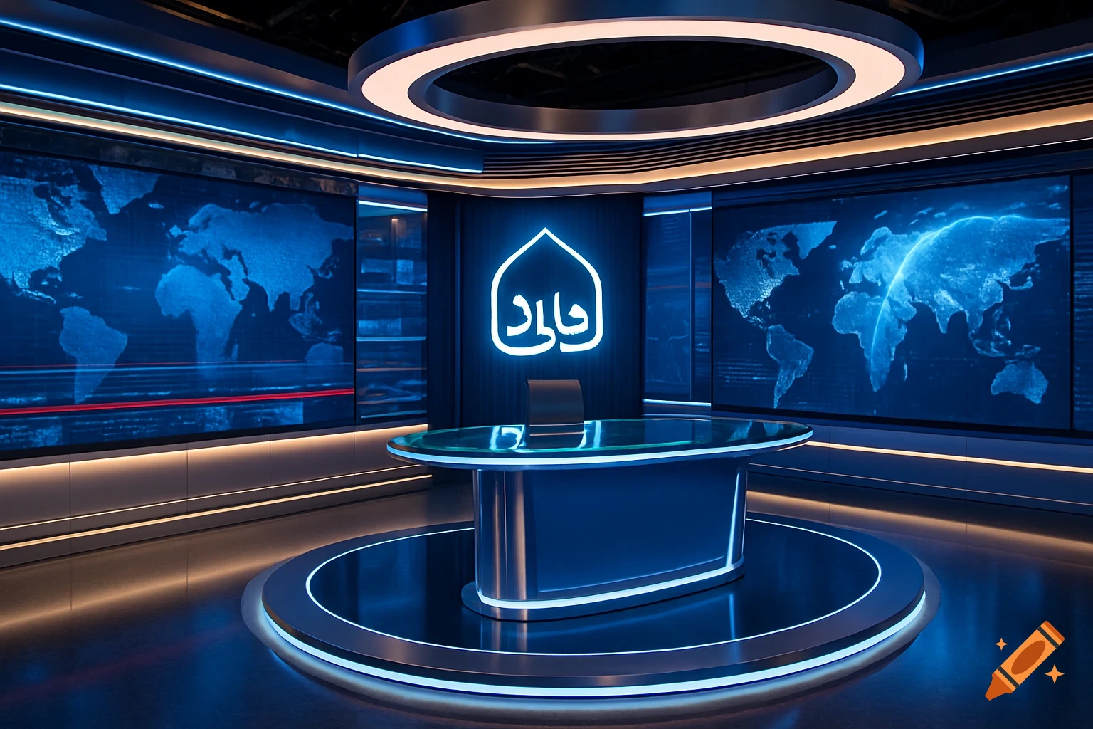 A modern, futuristic news studio with deep blue and white neon lighting, featuring large screens displaying world maps, a sleek glass desk, and a glowing stylized logo in the background.