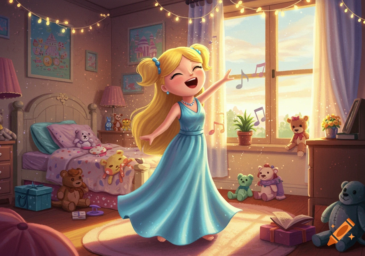 A cheerful cartoon girl in a blue dress sings happily in a whimsical bedroom filled with toys and sunlight.