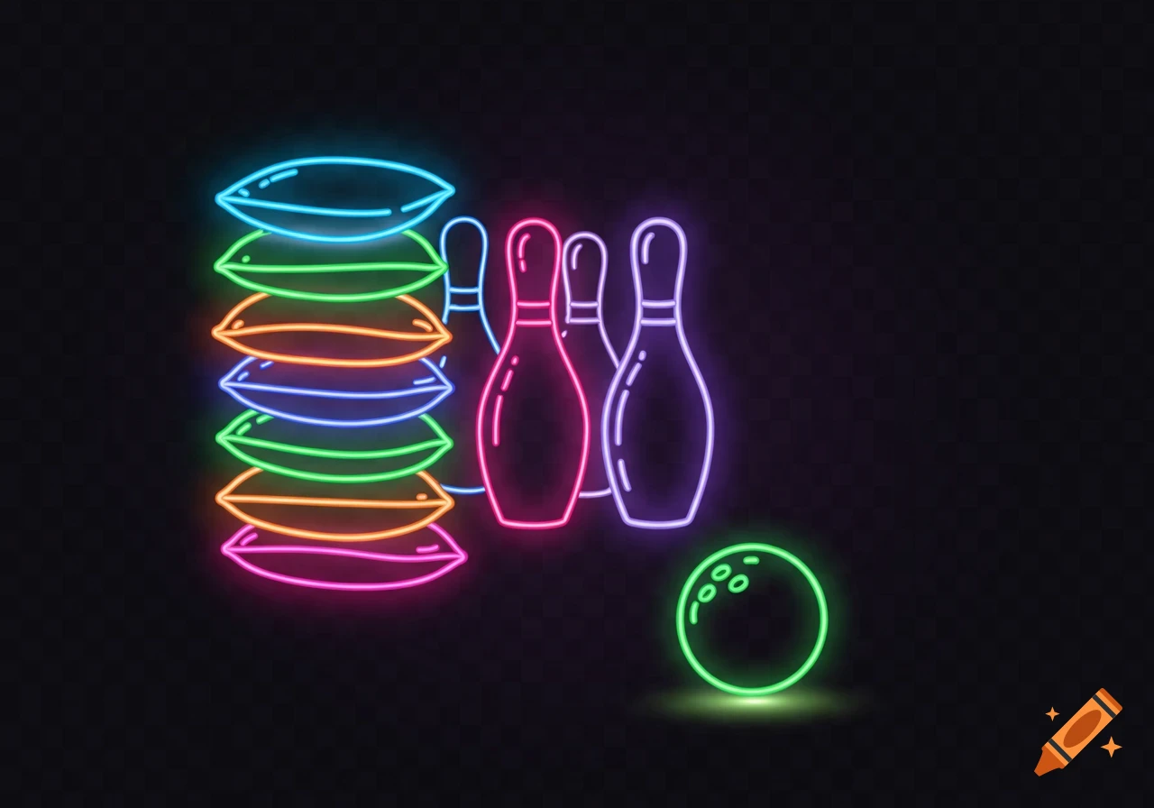 Neon line art of colorful pillows stacked as bowling pins next to a green bowling ball on a transparent background.