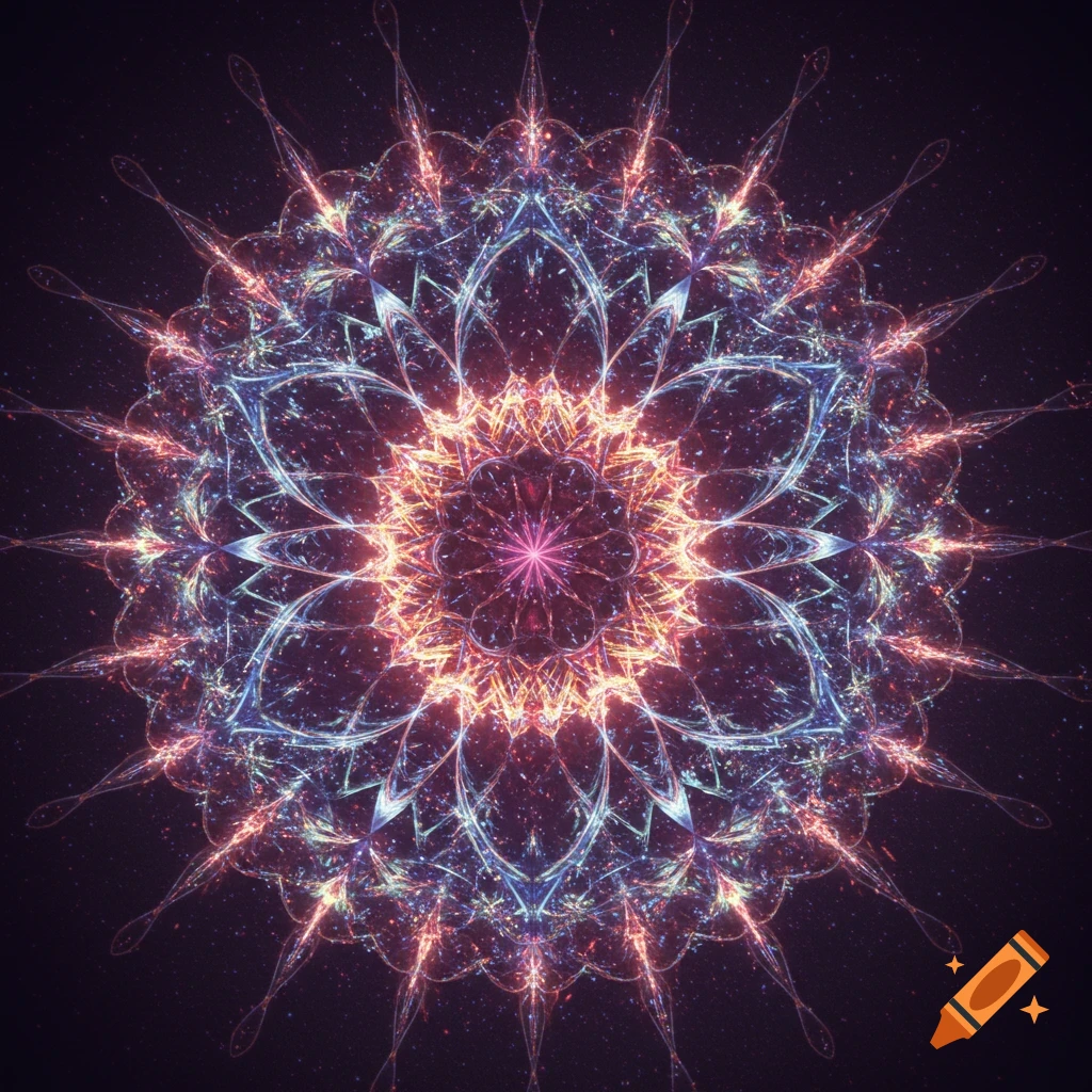 A glowing, intricate sacred geometry mandala with fractal symmetry, featuring neon and iridescent colors against a dark, cosmic background.