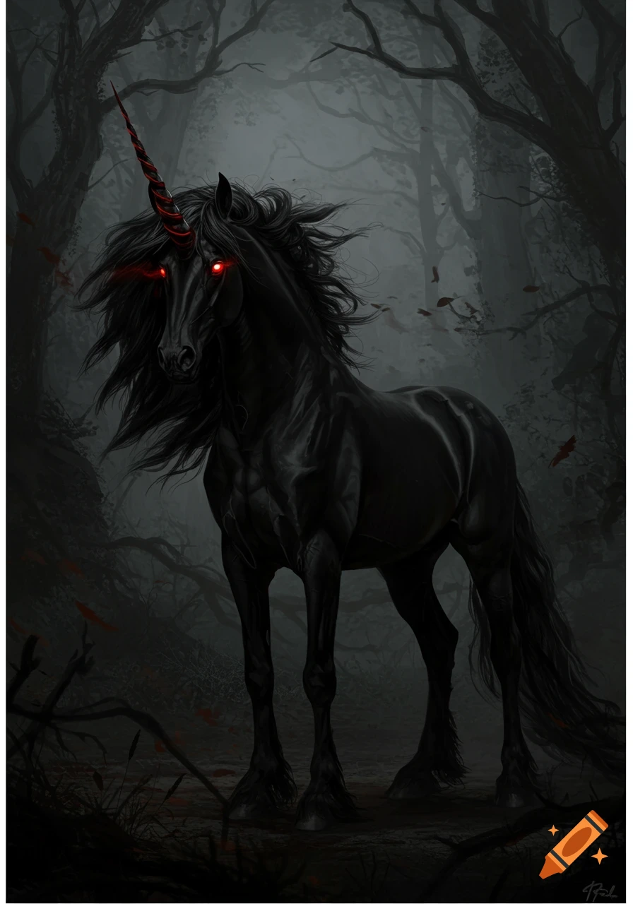 A black unicorn with glowing red eyes and a red-striped horn stands in a dark, foggy forest. Dark fantasy art style.