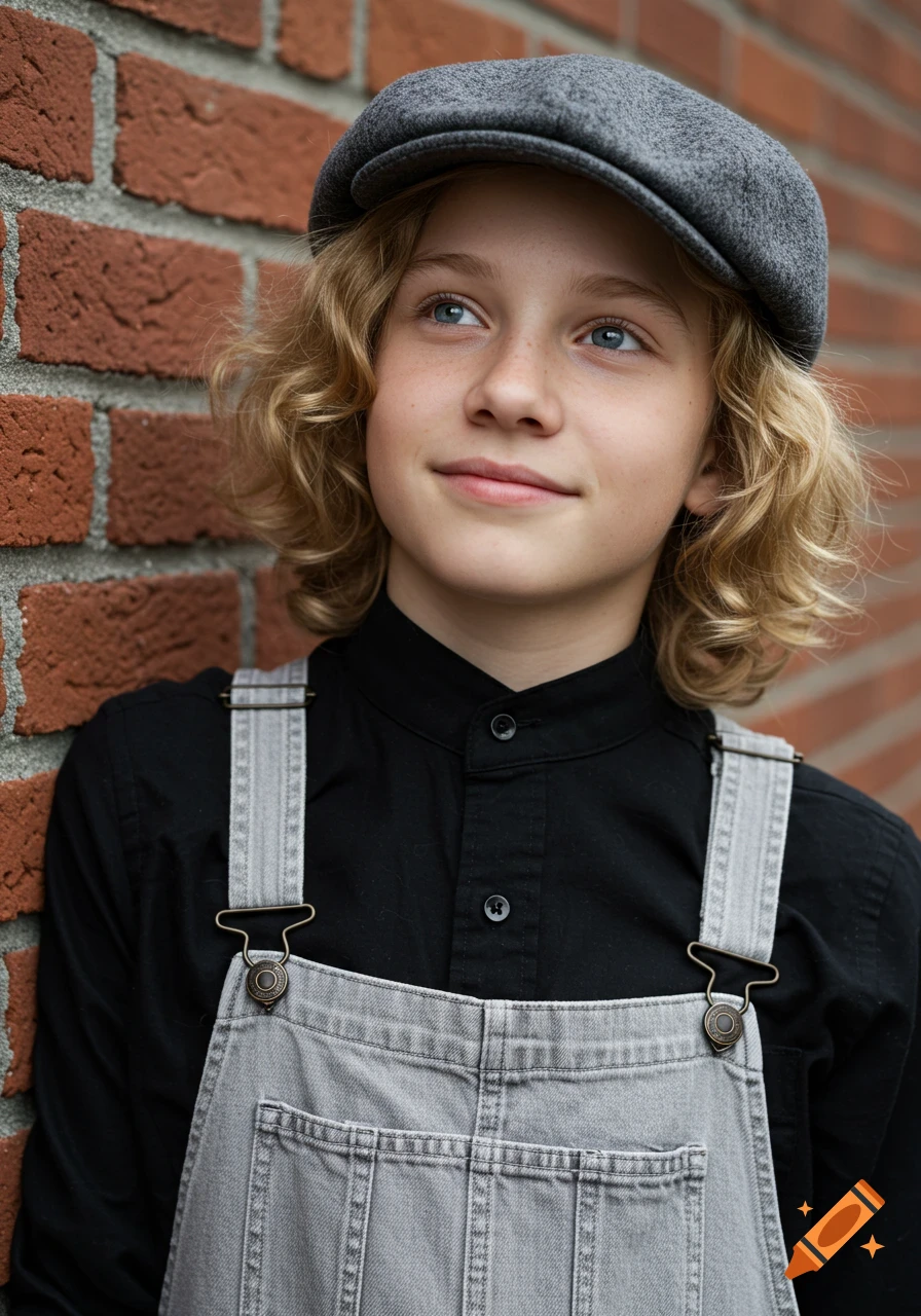 A young boy with blond curly hair, blue eyes, and a gray flat cap, wearing a black shirt and denim overalls, leaning against a red brick wall. He has a gentle smile and looks upward.