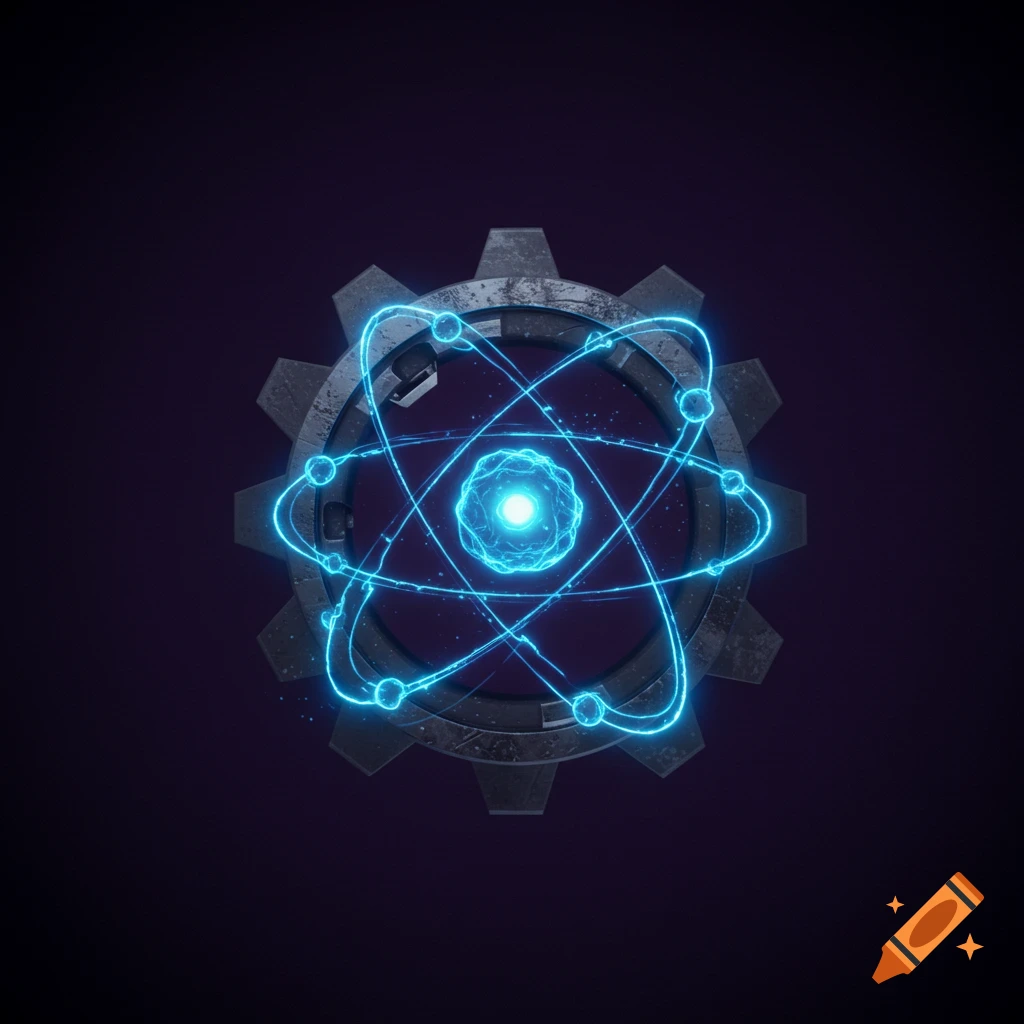 A glowing electric blue atom symbol with orbiting electrons, radiating like a star, encased within a metallic grey gear on a dark purple background. Stylized.