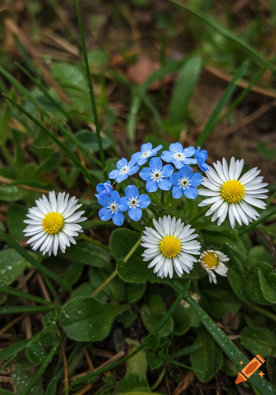 Close-up of blue forget-me-nots and white daisies with water droplets on green grass.