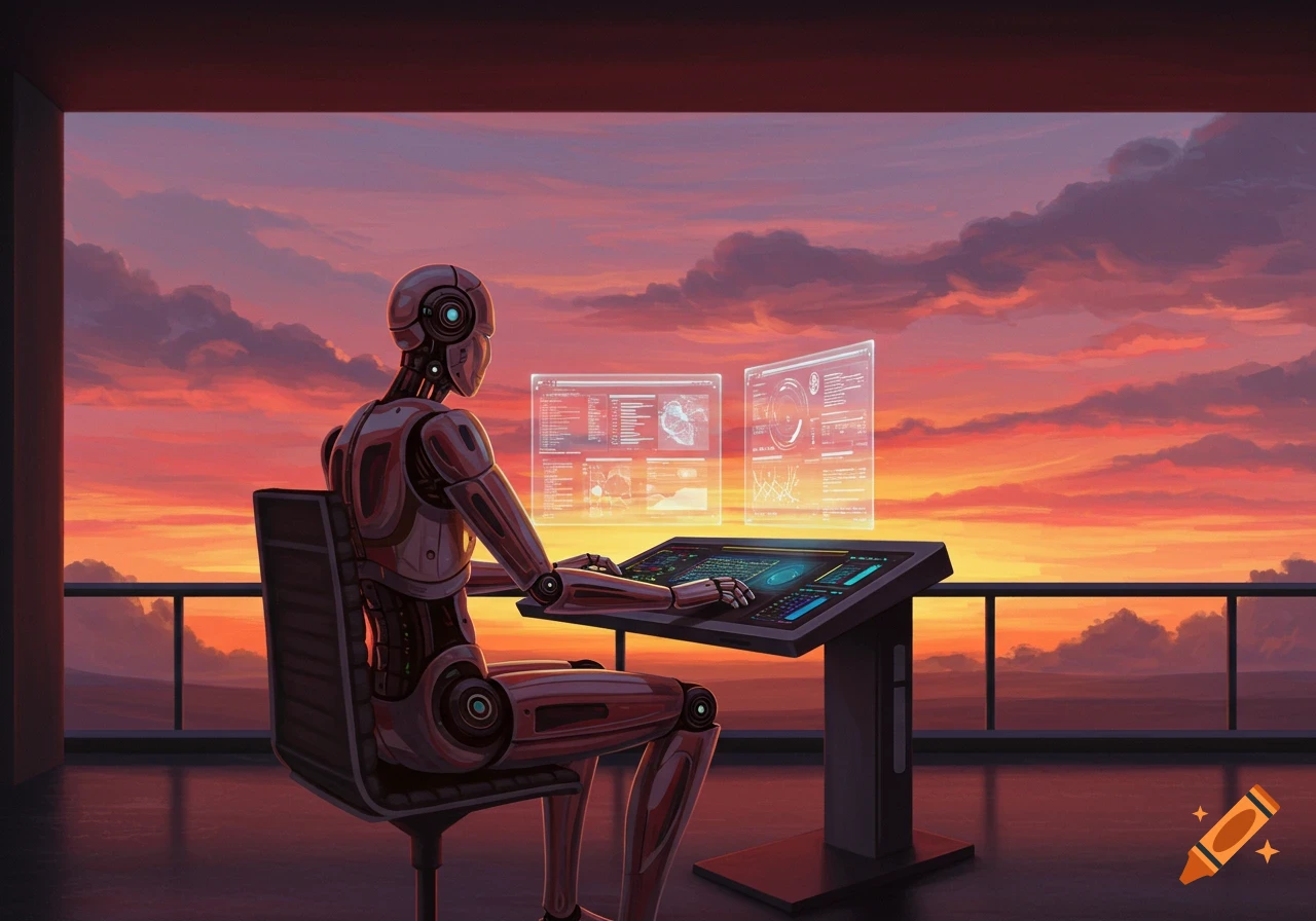 A robot sits at a futuristic computer desk, looking at holographic screens with data, against a vibrant sunset over a city.