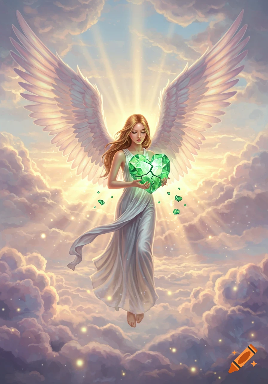 A radiant woman angel with wide white wings floats in luminous clouds, holding a glowing broken green crystal heart. Digital fantasy art.