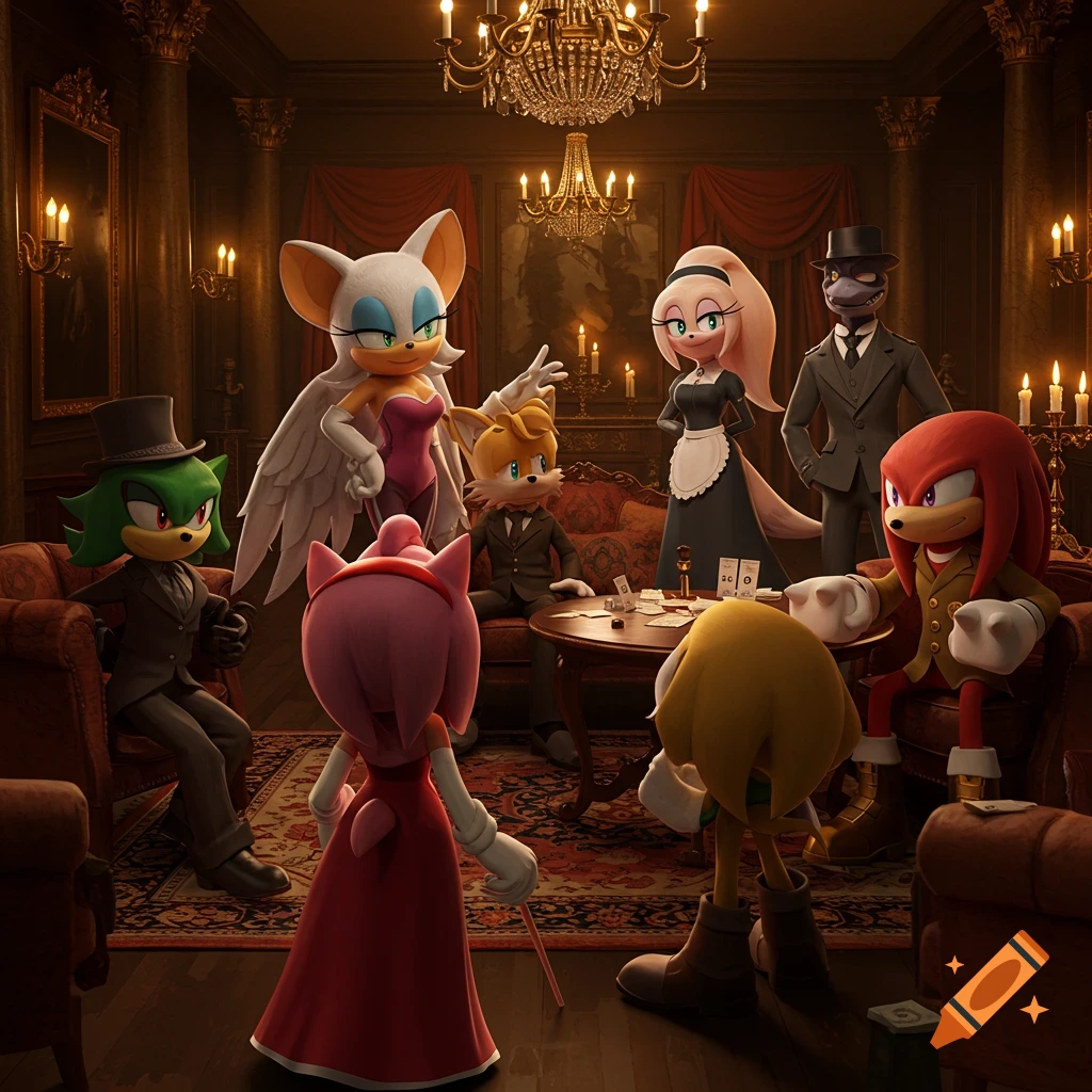 Sonic characters in a classic Clue game setting within a lavish mansion, gathered around a table with game pieces.
