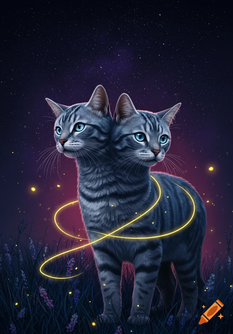 Two-headed gray tabby cat with blue eyes in a mystical field under a starry night sky with glowing yellow light.