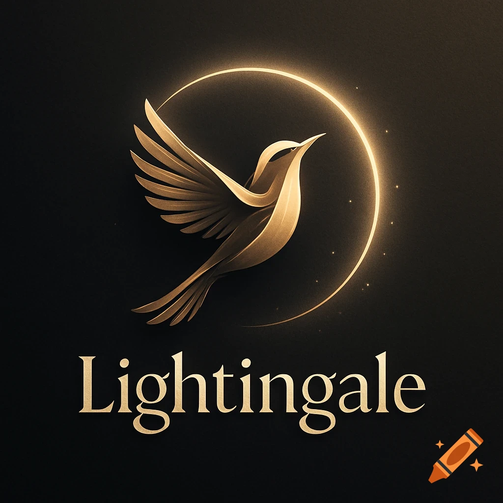 Minimalist golden logo with a stylized bird in flight within a glowing ring, and the word 'Lightingale' below.