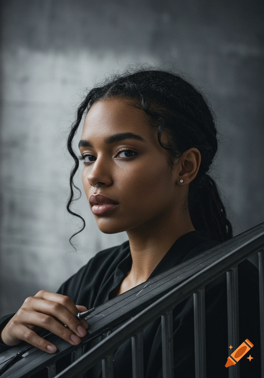 Close-up portrait of a young woman with dark skin, curly hair, and a nose piercing, holding a metal railing.