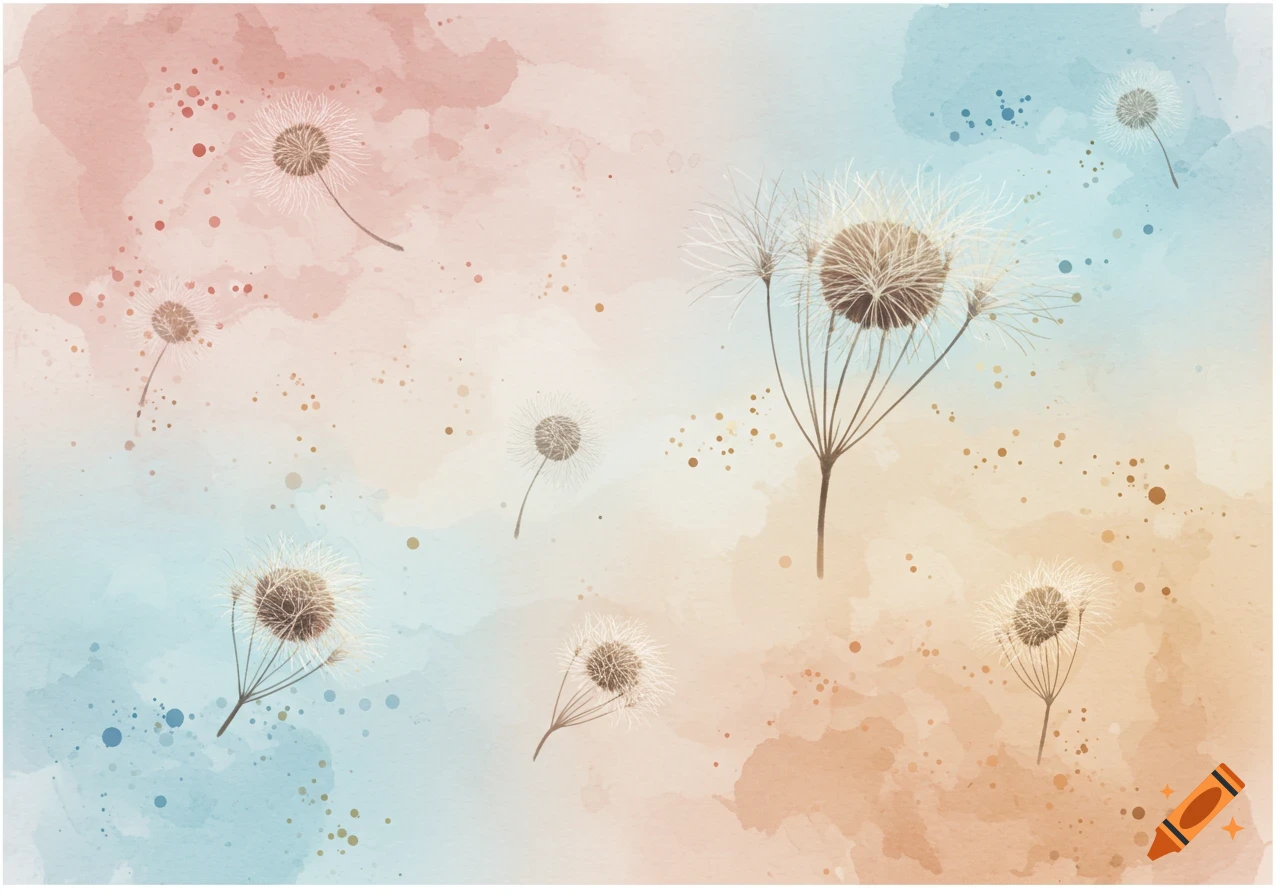 Watercolor illustration of dandelion seedballs drifting across a pastel pink, blue, and brown gradient background with speckles.