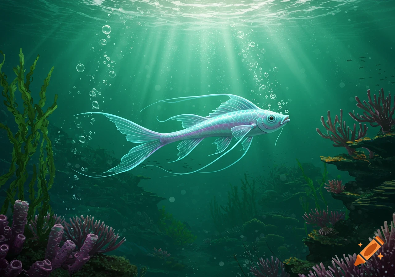 A vibrant, stylized translucent fish with long flowing fins swims in a sunlit green underwater scene with coral and seaweed.