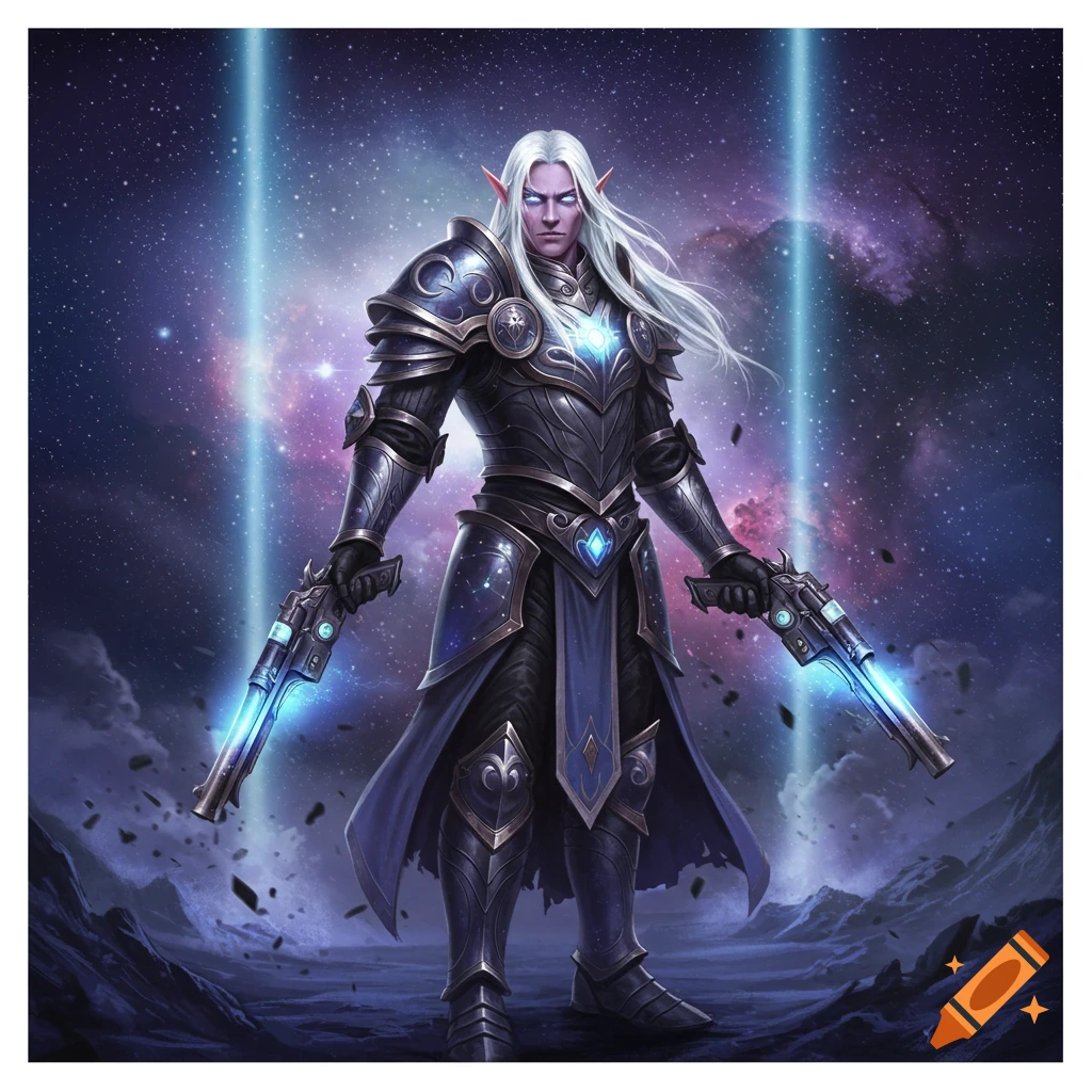 Male astral elf paladin gunslinger with long white hair and glowing purple eyes, in ornate dark armor, holding two glowing sci-fi guns against a cosmic background.