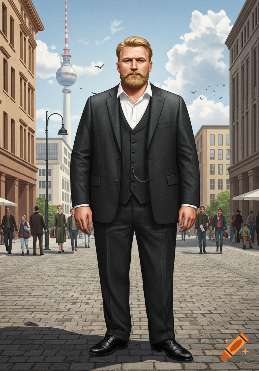 Fair-haired, bearded man in a dark suit on a cobblestone street with historic buildings and the Berlin TV Tower in background.
