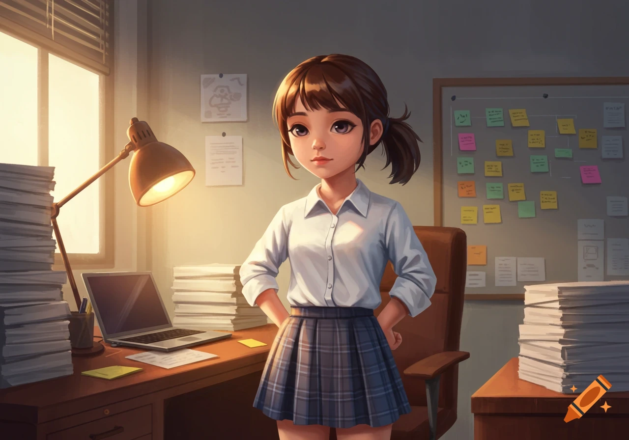 Anime girl in a white shirt and plaid skirt stands in a messy office with stacks of paper and a laptop.