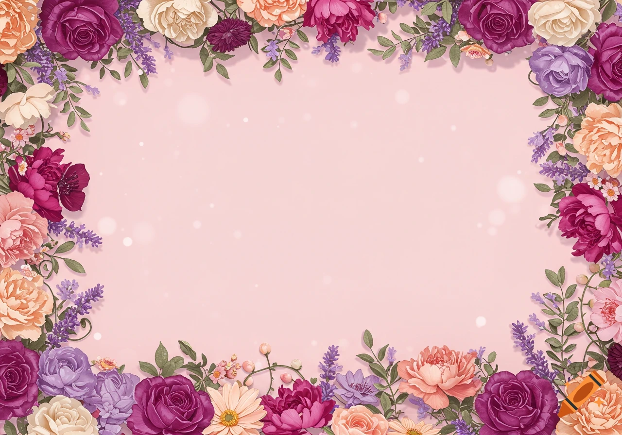 Pink background with a decorative border of various colorful flowers and green leaves.