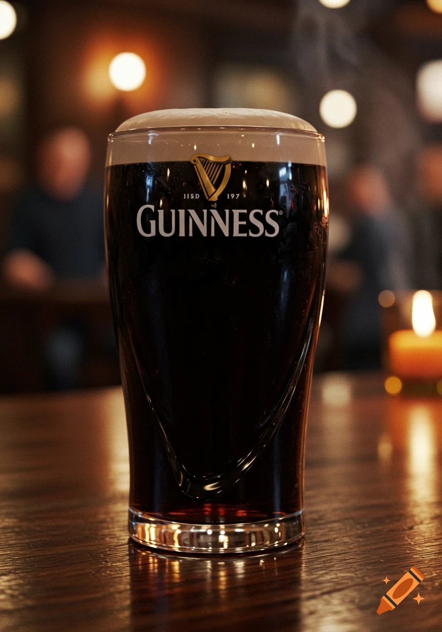 A photorealistic image of a half-full glass of Guinness beer with foam on a wooden pub table, blurred background lights.