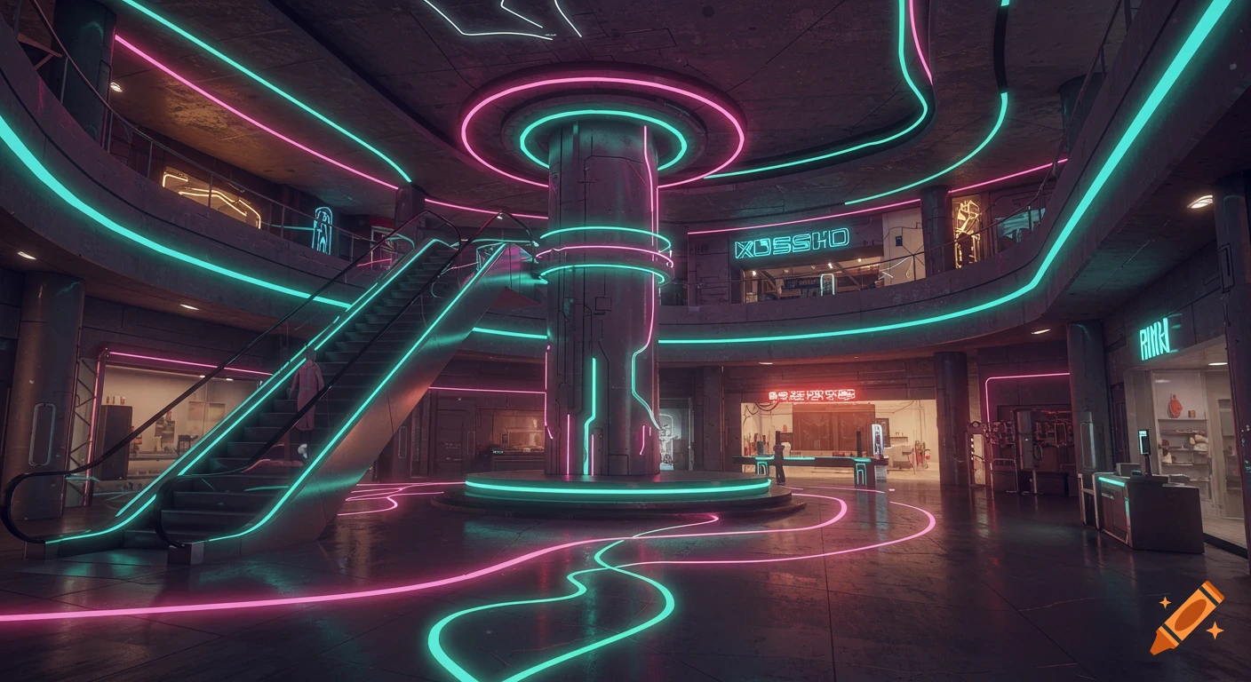 Retro-futuristic shopping mall interior with vibrant pink and teal neon lights, central column, escalators, and shopfronts.