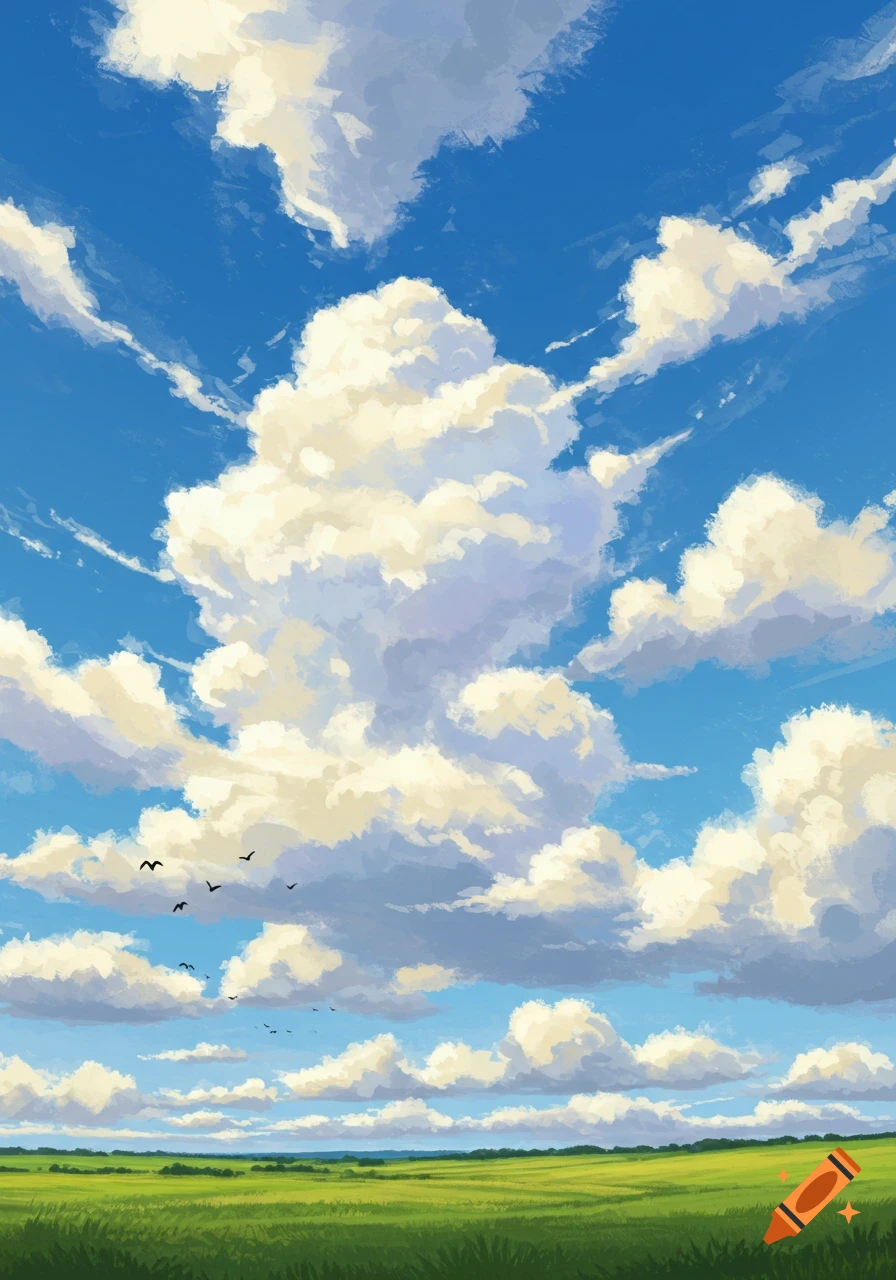 Vibrant blue sky with fluffy white clouds, a green field, and small birds, in a painterly style.