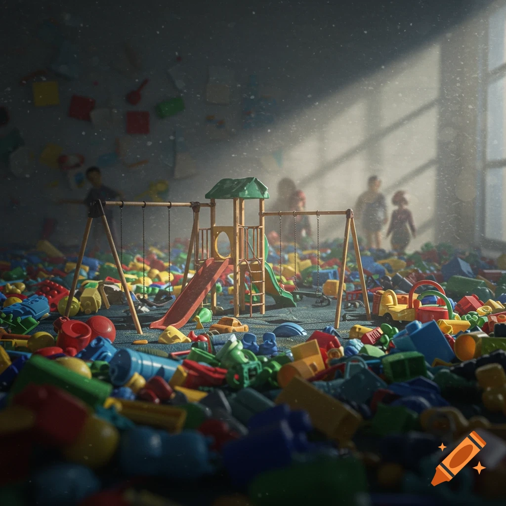 A miniature playground submerged in a sea of colorful plastic toys, with blurred figures standing in the background bathed in sunlight.