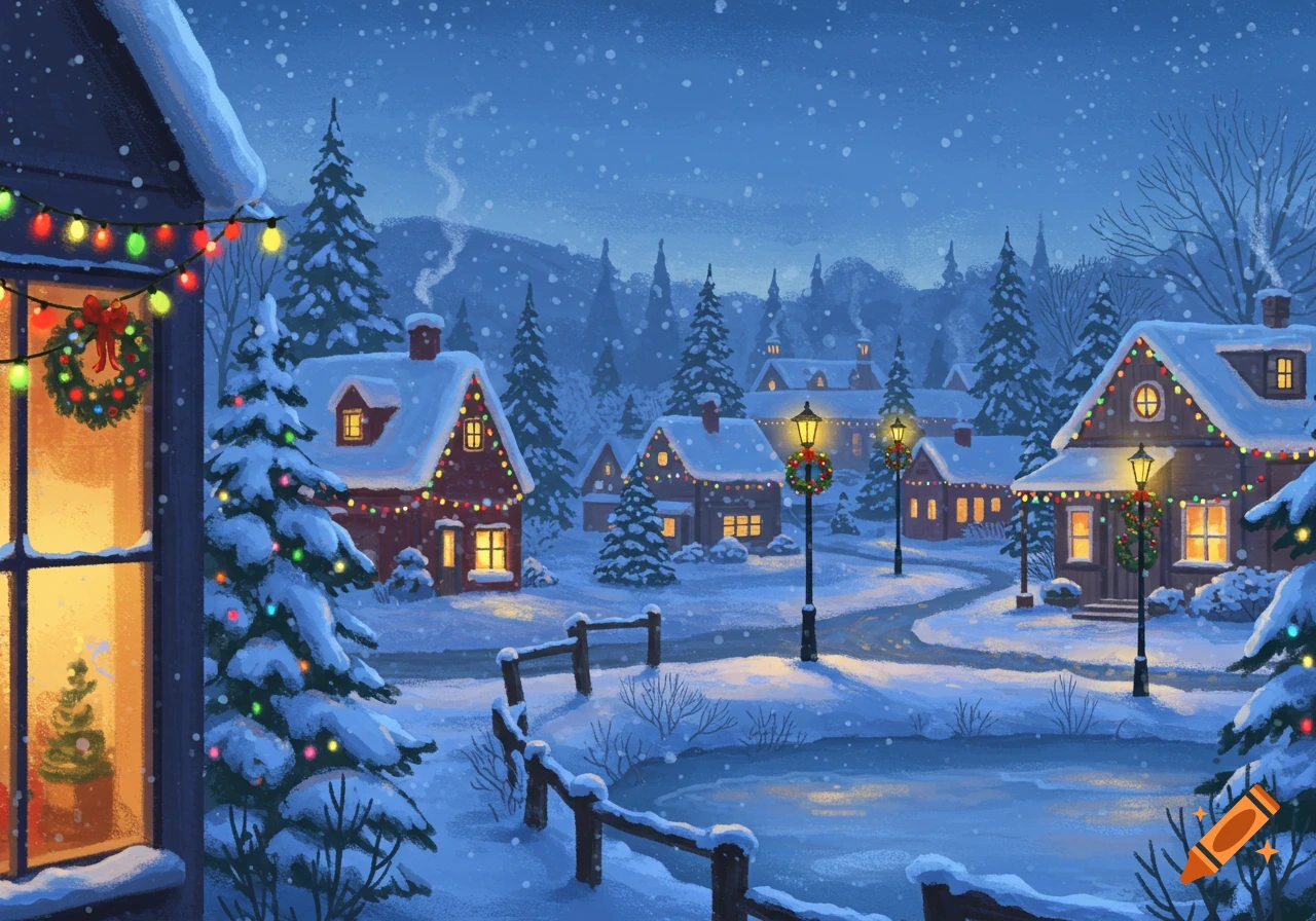 A cozy, illustrated Christmas village at night with snow-covered houses, decorated trees, and glowing lampposts under falling snow.
