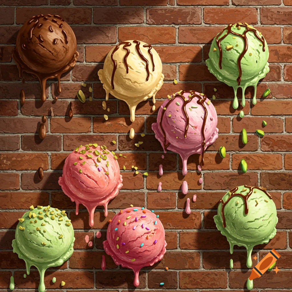 Multiple scoops of chocolate, vanilla, strawberry, and pistachio ice cream melting down a rustic brick wall.