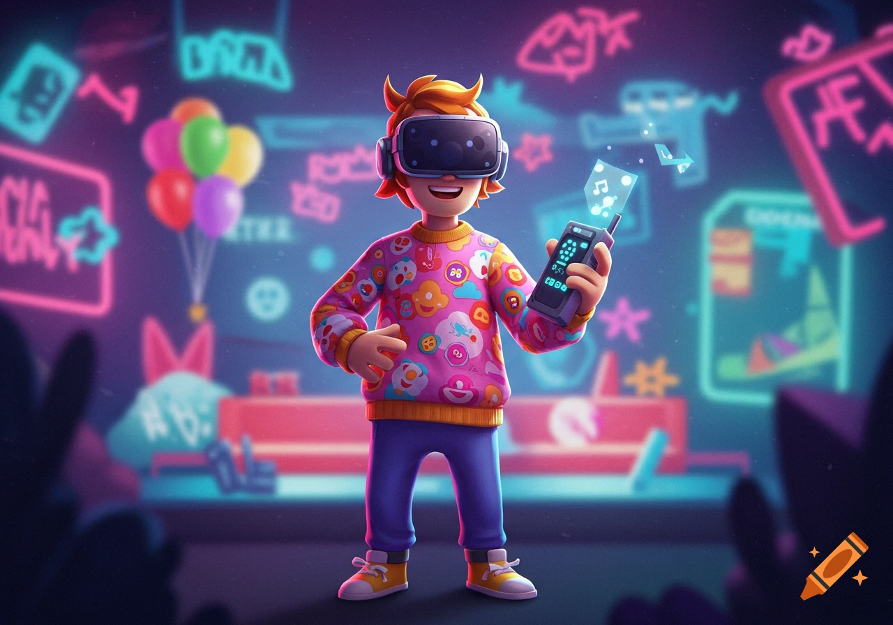 Cartoon boy in VR headset holding a phone-like device in a vibrant neon virtual reality setting.