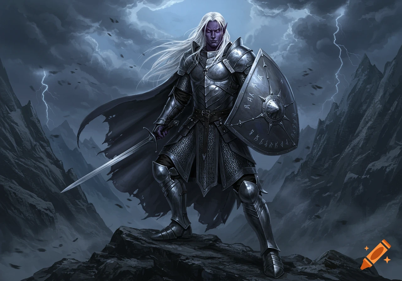 A dark elf warrior in intricate silver and dark chainmail armor, holding a sword and shield, stands on a rocky peak under a stormy, lightning-streaked sky.
