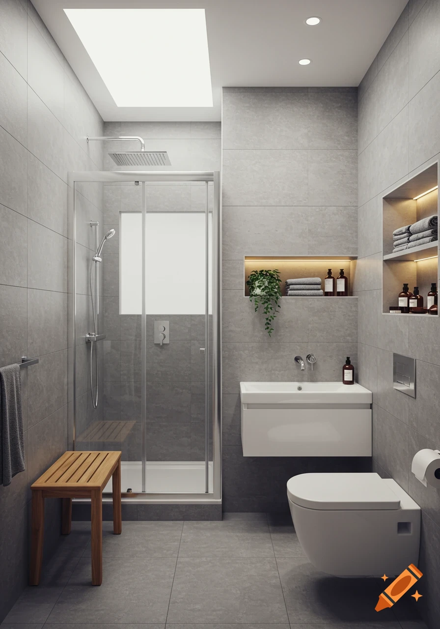 A modern, photorealistic bathroom with gray tiles, a walk-in shower, a wooden bench, a floating sink, and a wall-mounted toilet.
