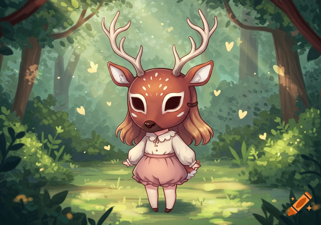 Chibi girl with a deer mask stands in a magical forest with glowing heart-shaped lights, anime style.