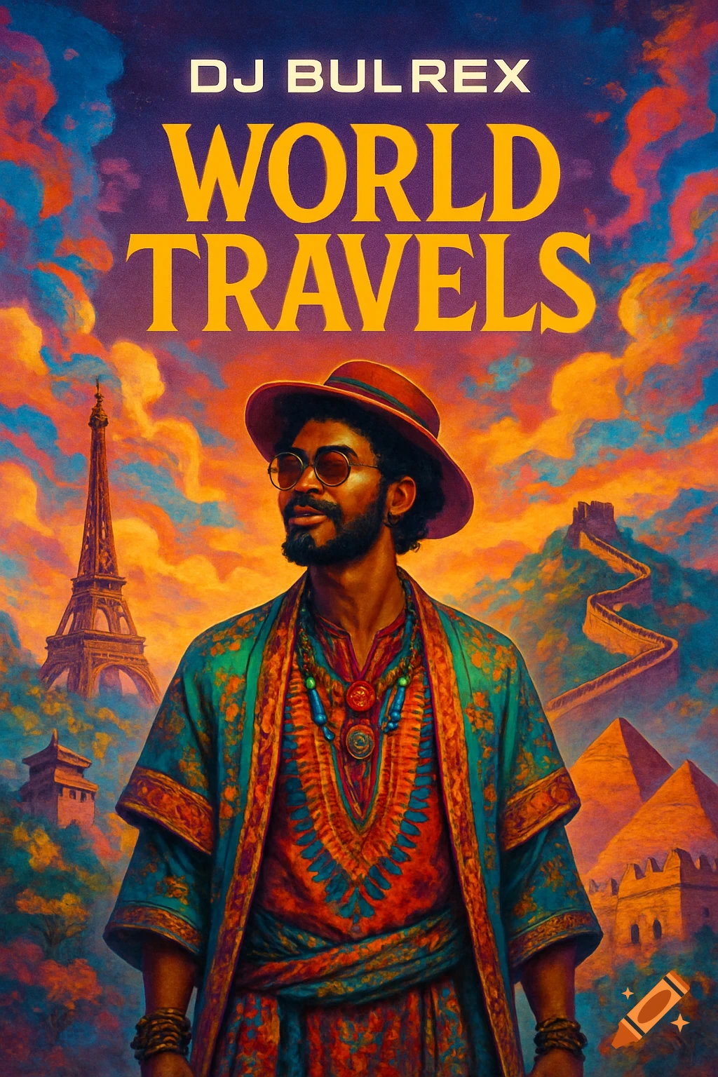 Album cover: A man in a fedora and colorful clothing against an impressionistic sky with global landmarks. Text: DJ BULREX WORLD TRAVELS.