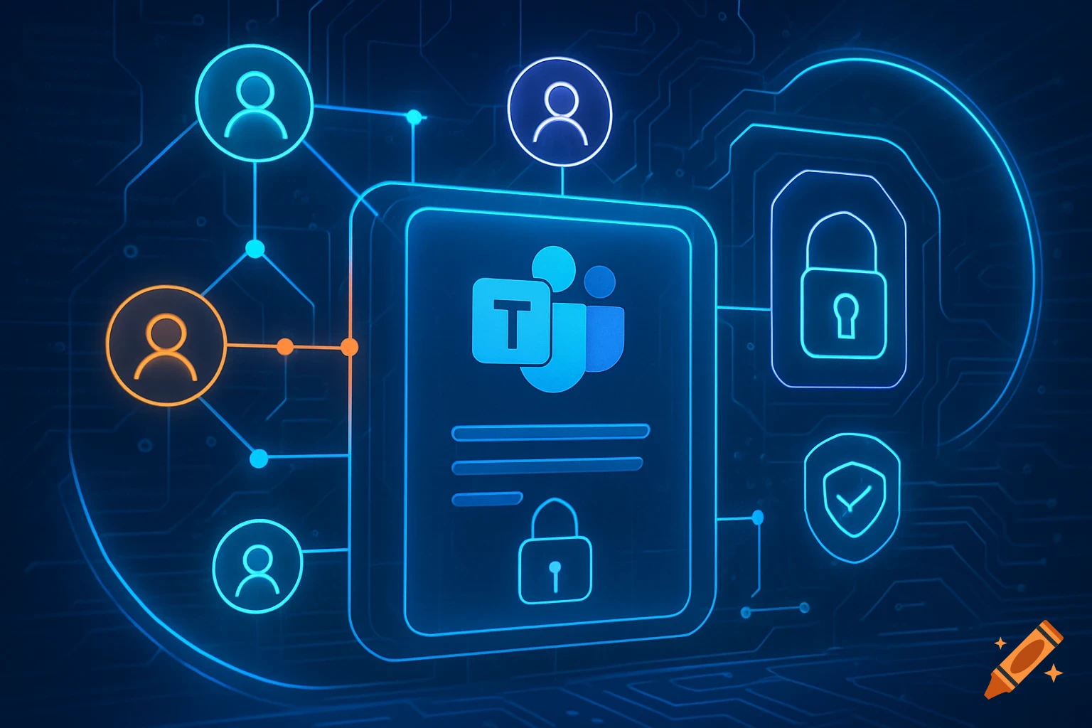 Digital illustration of a cybersecurity network with user icons, Microsoft Teams logo, padlock, and security shield.
