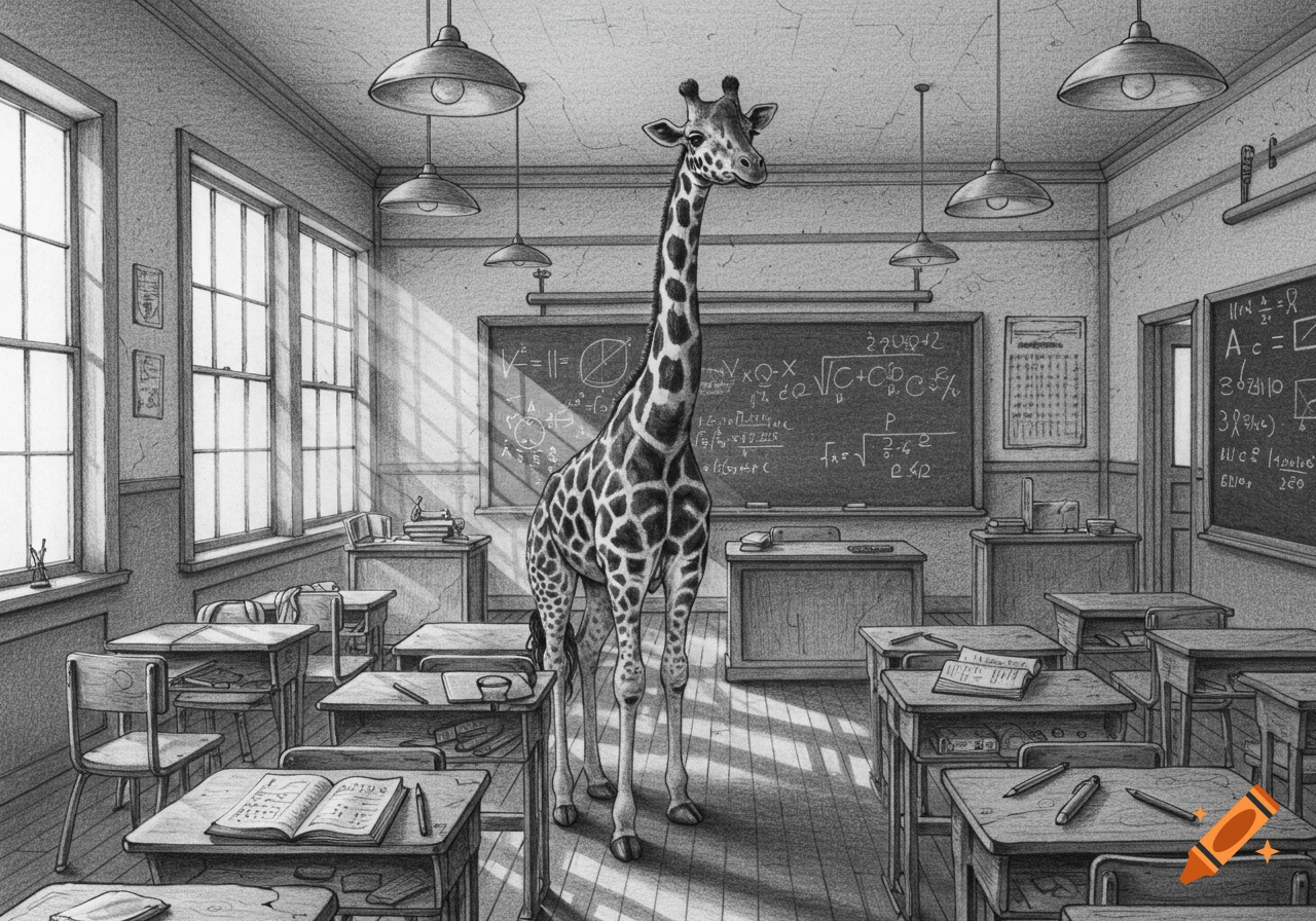 A giraffe stands in a classroom with desks and blackboards, drawn in black pencil.