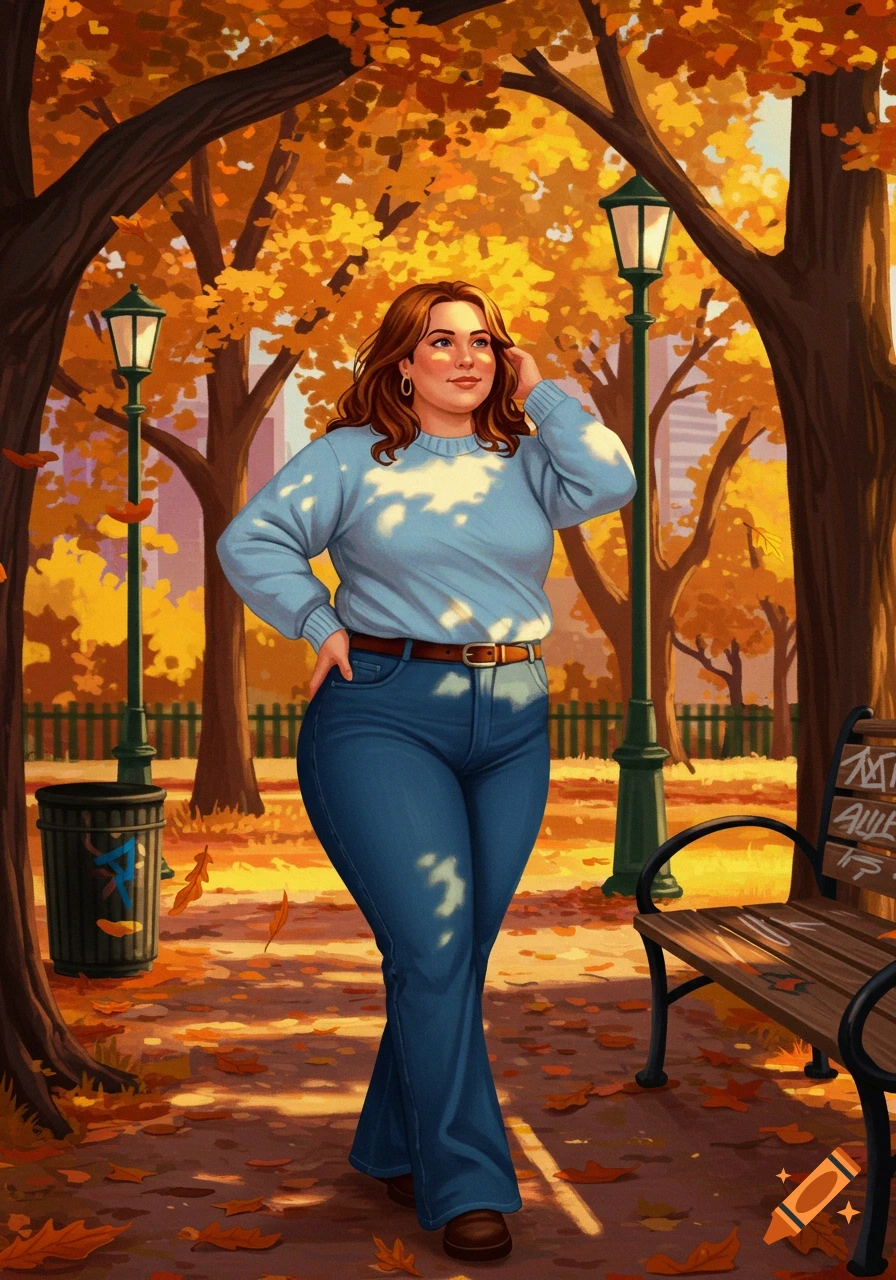 A curvy woman in a light blue sweater and flared jeans stands in an autumn park with falling orange leaves. Digital art.