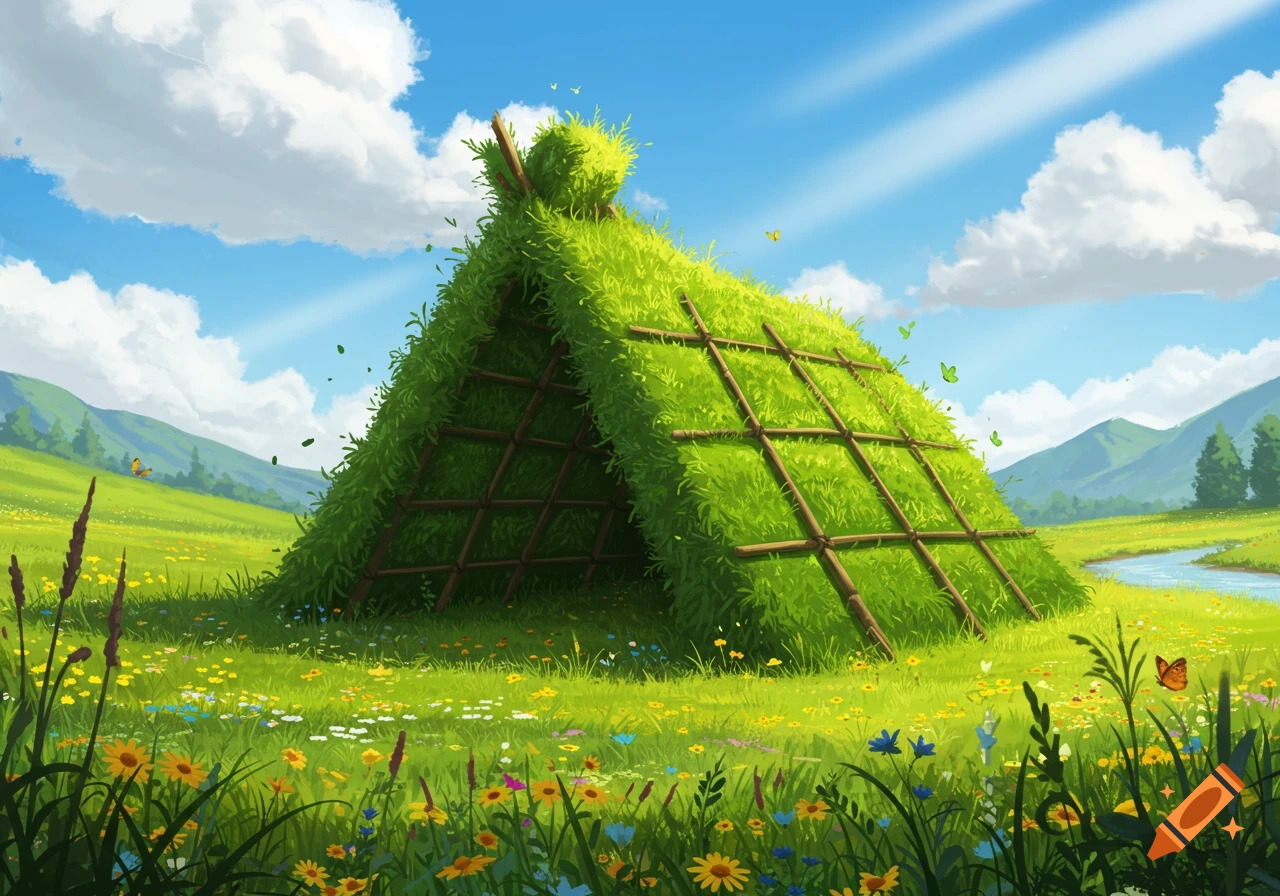 A grass shelter shaped like an overturned canoe in a vibrant meadow with flowers under a blue sky.