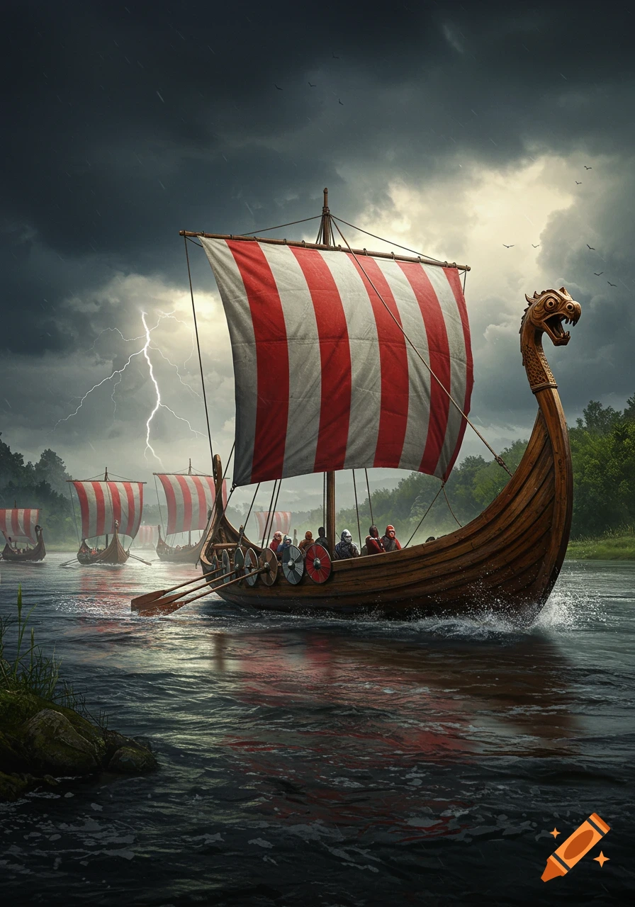 Viking longships with red and white striped sails sail down a river under a stormy sky with lightning.