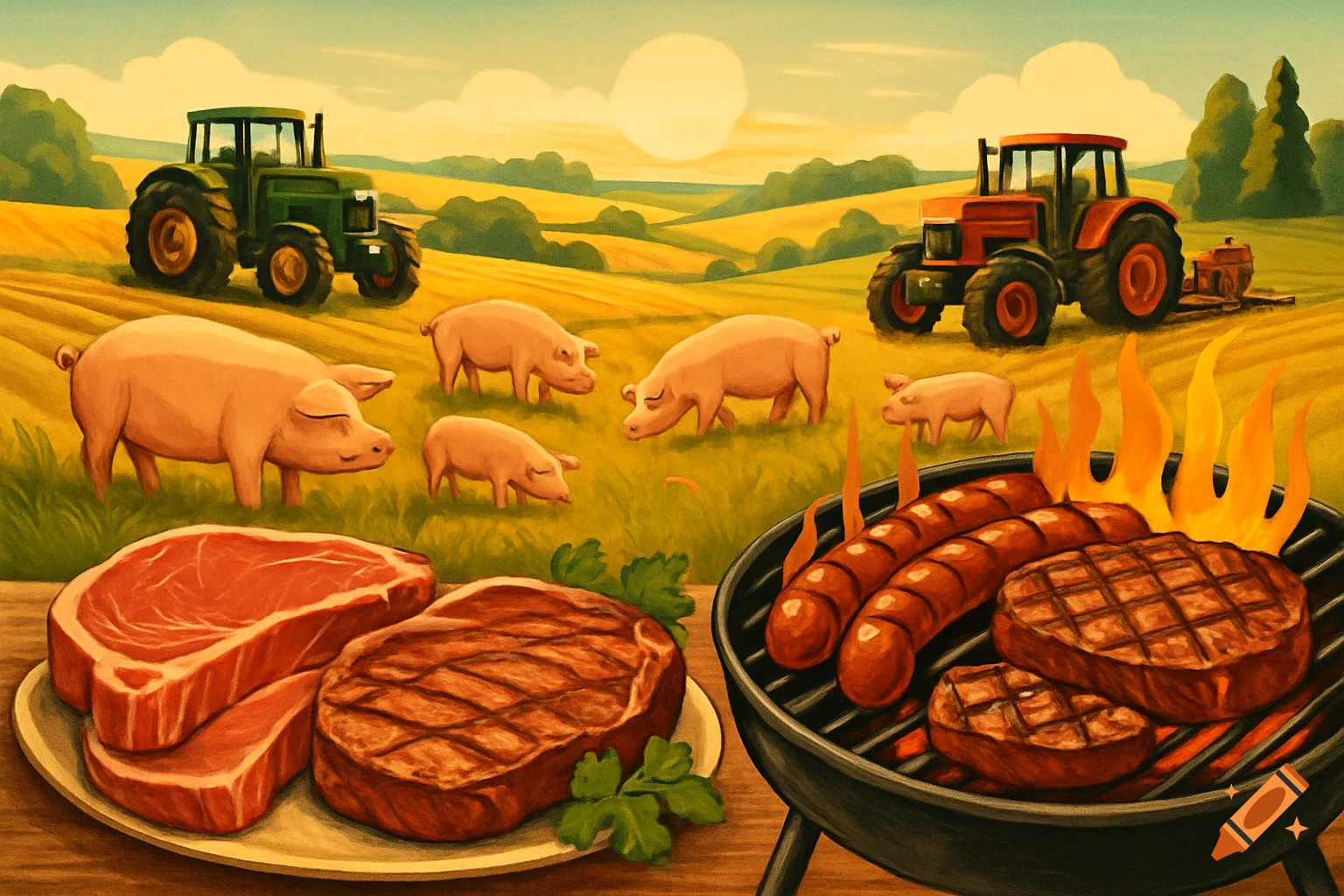Illustrated farm scene with pigs and tractors in fields, and a barbecue grilling sausages and steaks.