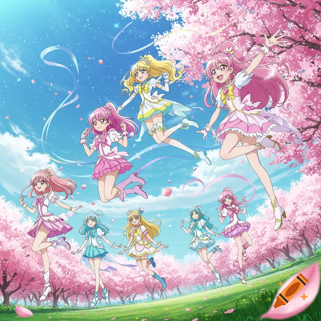Seven anime magical girls in colorful dresses jump and float among pink cherry blossom trees under a bright blue sky.