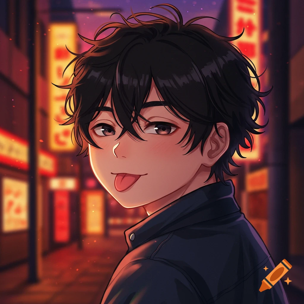 Anime portrait of a cute man with shaggy black hair, blushing and sticking out his tongue, against a blurry city night.