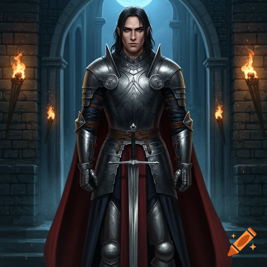 A handsome male paladin with long black hair, dark eyes, and a stern expression, stands in gleaming silver armor with a red cape, holding a sword. He is in a stone castle hallway lit by torches.