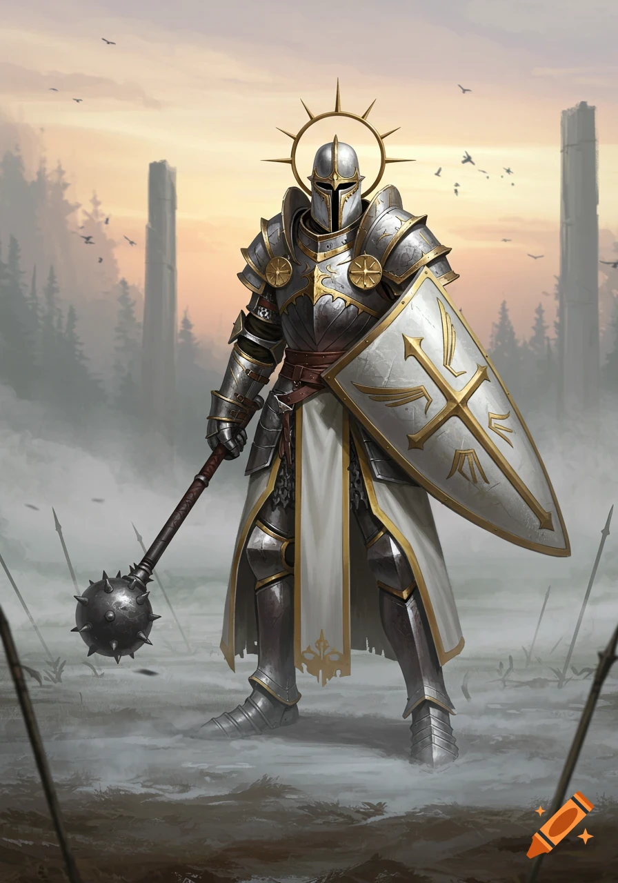 A heavily armored war cleric in silver and gold armor with white robes stands on a misty battlefield at sunset, holding a mace and shield.
