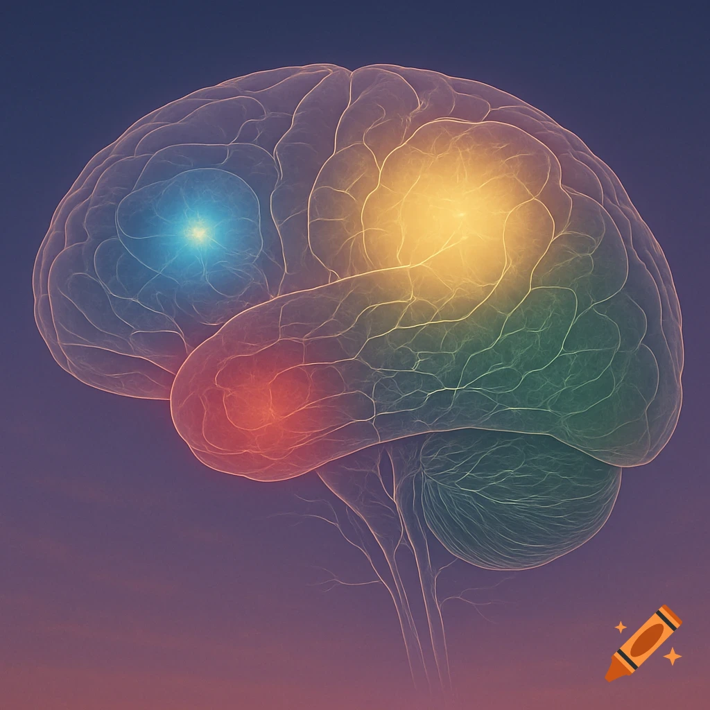 A translucent, glowing human brain with colorful illuminated areas on a dark gradient background.