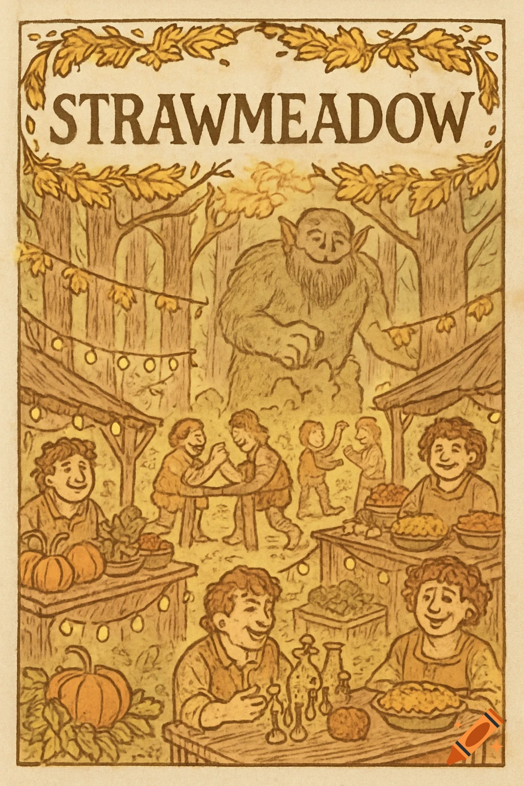 An illustrated fantasy poster shows halflings feasting, arm-wrestling, and dancing at the Strawmeadow festival, with a giant friendly troll in the background.