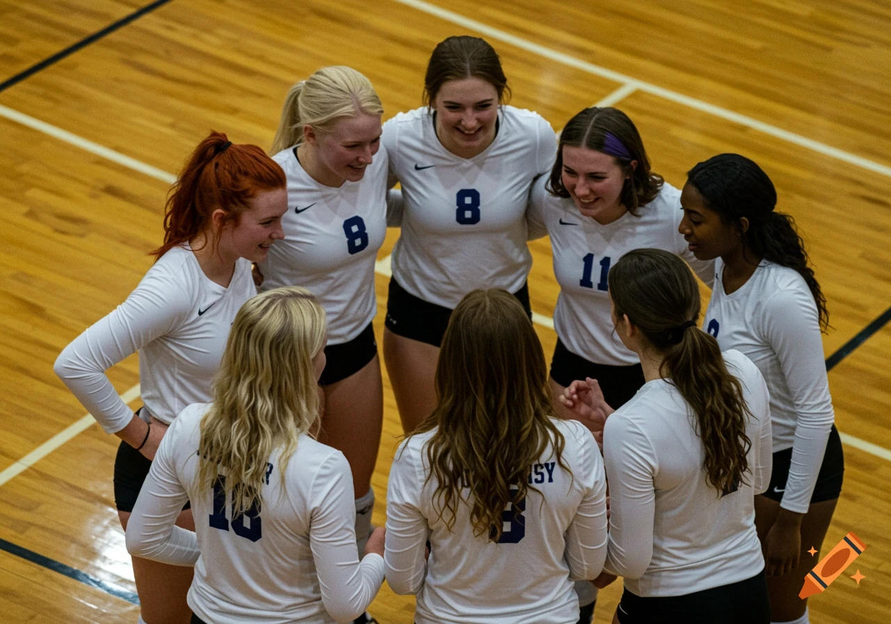 Overhead shot of a diverse group of female volleyball players in white jerseys, huddled on a wooden court, smiling.
