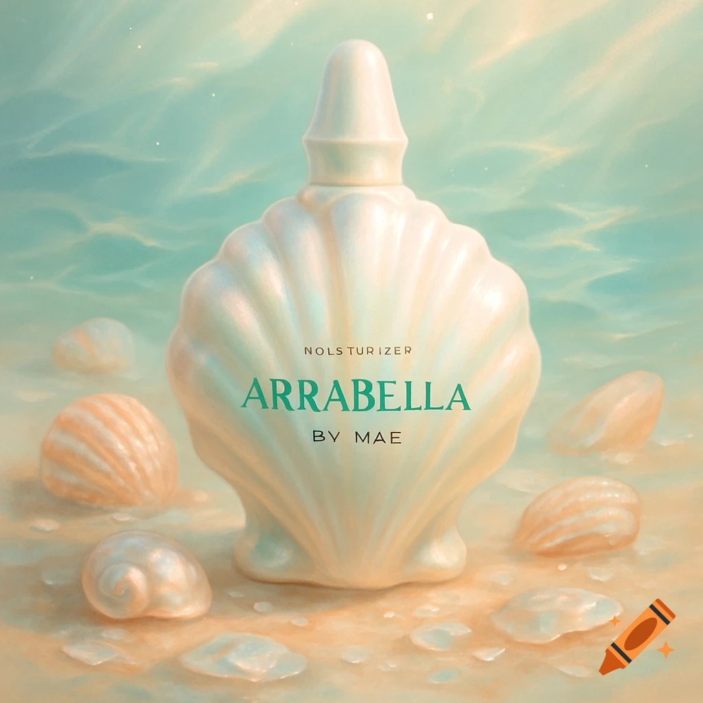 Stylized image of a pearl-white seashell-shaped bottle labeled 'ARRABELLA' and 'NOLSTURIZER' on a sandy seabed with shells, underwater.