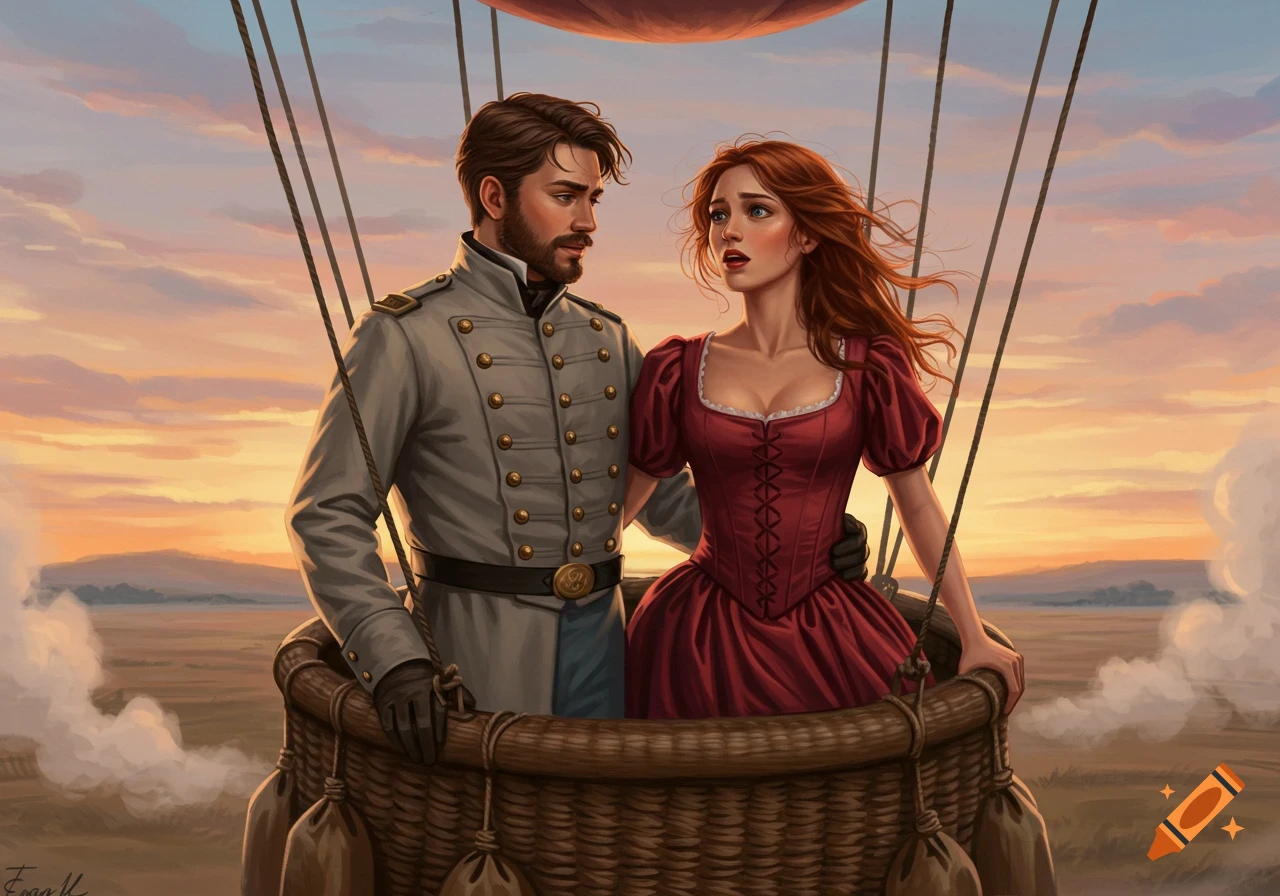 A man in Civil War uniform and a woman in a red gown in a hot air balloon at sunset, in a romantic illustration style.